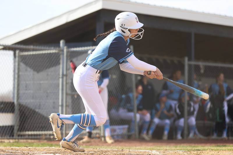Plainfield South’s Jackie Gacanin connects for a single against Lincoln-Way West on Tuesday, March 24, 2026 in Plainfield.