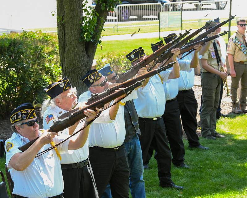 Members of the Yorkville American Legian does a gun salute during the Memorial Day event on Monday May 25, 2026, held at Town Square Park in Yorkville.