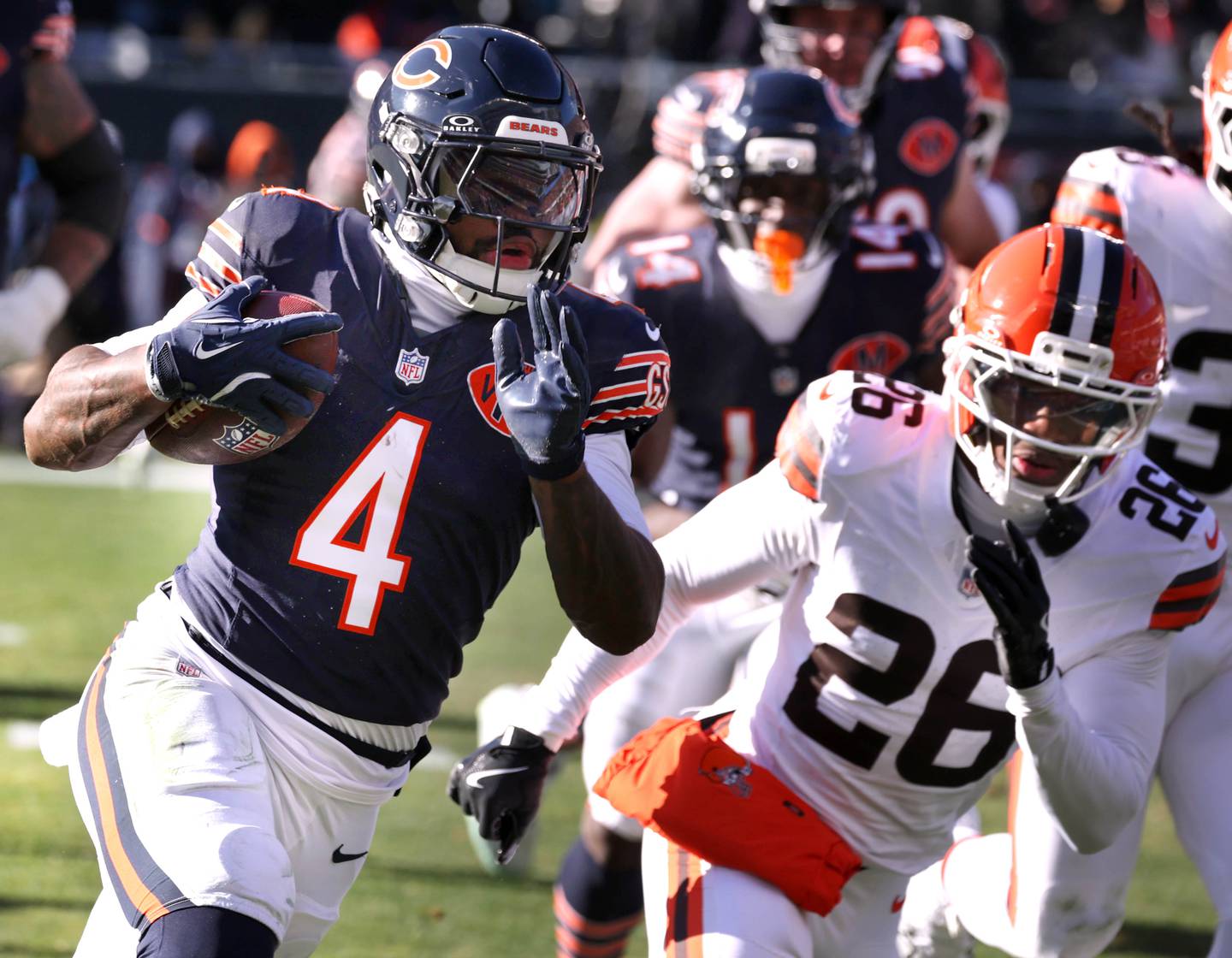 Chicago Bears running back D'Andre Swift outruns Cleveland Browns cornerback Myles Harden to the endzone for a touchdown during their game Sunday, Dec. 14, 2025, at Soldier Field in Chicago.