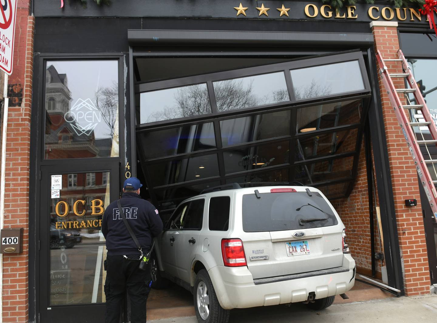 A vehicle crashed into the Ogle County Brewery in downtown Oregon early Sunday afternoon after being struck by another vehicle at the intersection of Illinois 64 and Illinois 2. There were no injuries to either driver or patrons inside the business.