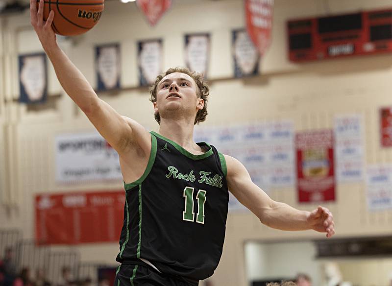 Rock Falls’ Gavin Sands puts in a layup Tuesday, Dec. 12, 2023 in Oregon.