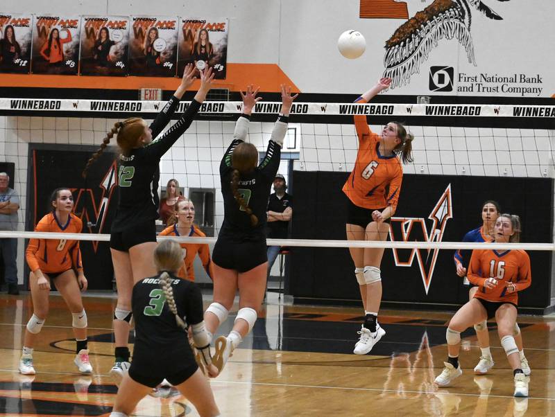 G-K’s Kaitlin Rahn goes up for a spike against Rock Falls., Wednesday, Nov. 2, 2022.