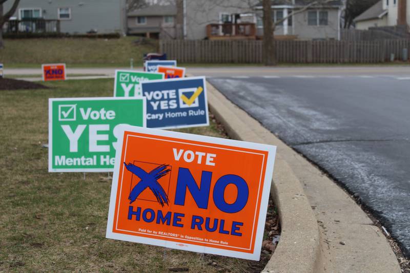 "Vote no" and "vote yes" home rule signs line up around the entrance of the Cary Area Library.