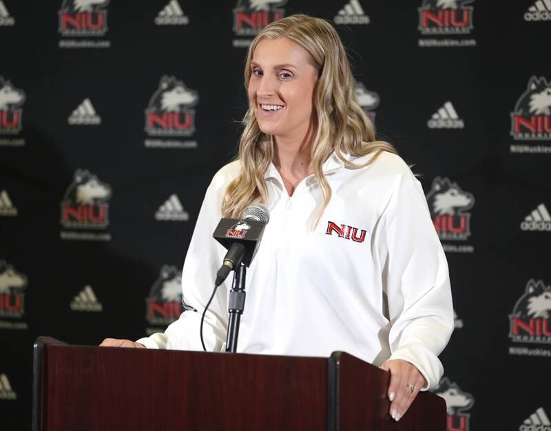 Northern Illinois University head volleyball coach Sondra D’Amore speaks Tuesday, Aug. 6, 2024, during NIU fall sports media day in the Barsema Hall of Champions at NIU in DeKalb.
