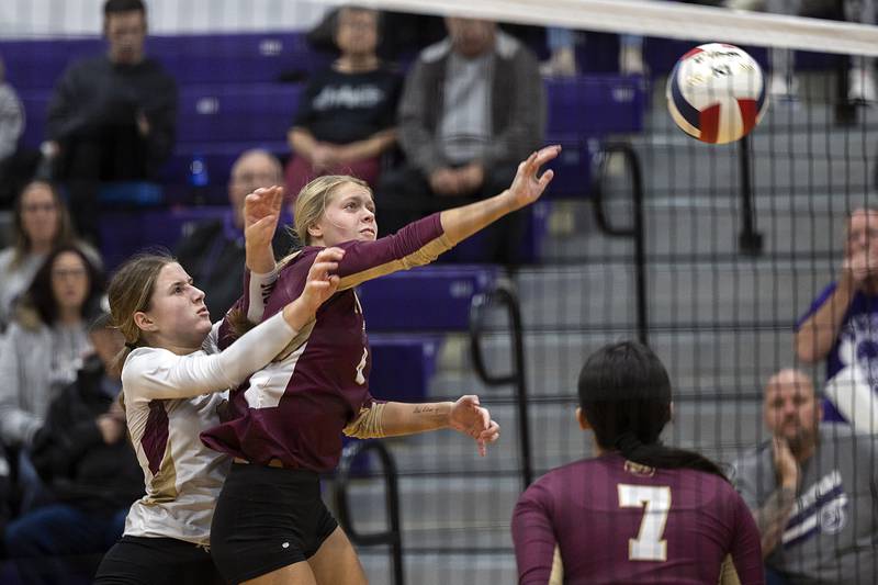 Morris’ Alyssa Jepson (left) and Ayla Phillips make a play against Dixon Thursday, Oct. 31, 2024 in the class 3A regional championship at Dixon High School.