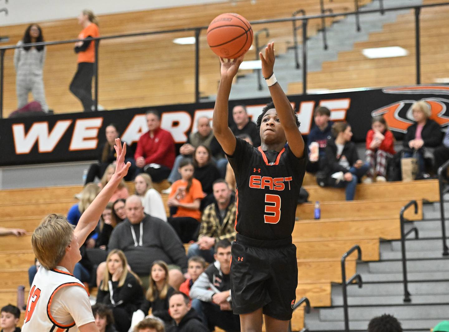 Plainfield East's Alijah Little (3) shoots a 3pt shot during a non-conference game against Lincoln-Way West on Friday, Dec. 22, 2023, at New Lenox. (Dean Reid for Shaw Local News Network)