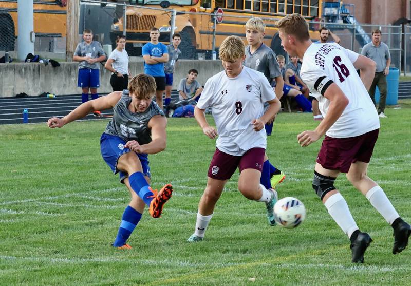 Princeton senior Izaiah Smalllwood takes a shot in Thursday's match against IVC at the Bryant Field pitch. IVC won 3-2;.
