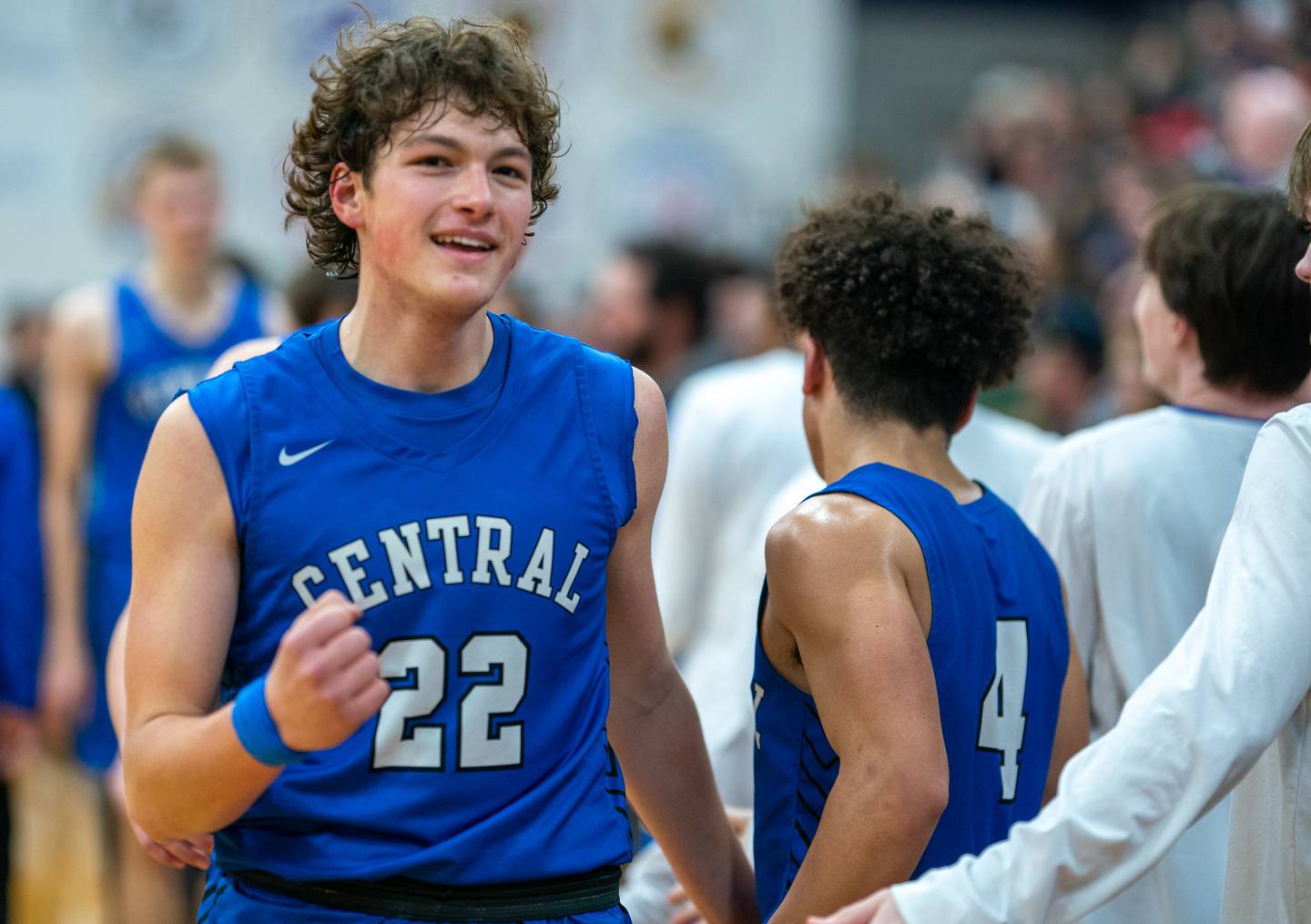 Burlington Central's Nicholas Gouriotis (22) smiles after defeating Marmion to win the 59th Annual Plano Christmas Classic basketball tournament at Plano High School on Friday, Dec 30, 2022.