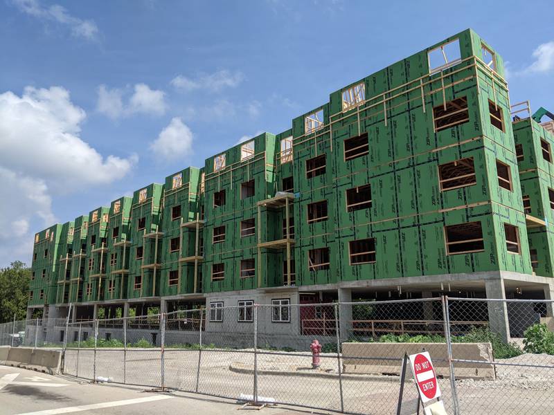 Oswego village officials are pleased with how fast construction is going on the second building at Shodeen Group’s The Reserve at Hudson Crossing luxury apartment building in downtown Oswego.