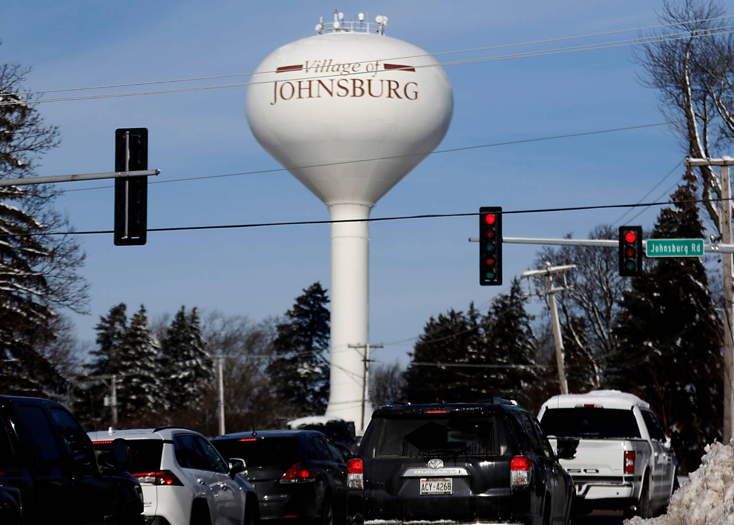 A Johnsburg water tower is seen from Johnsburg Road in a 2024 photo.