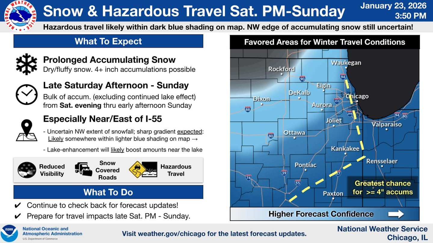 The chances of snow and hazardous travel on Saturday and Sunday in northern Illinois