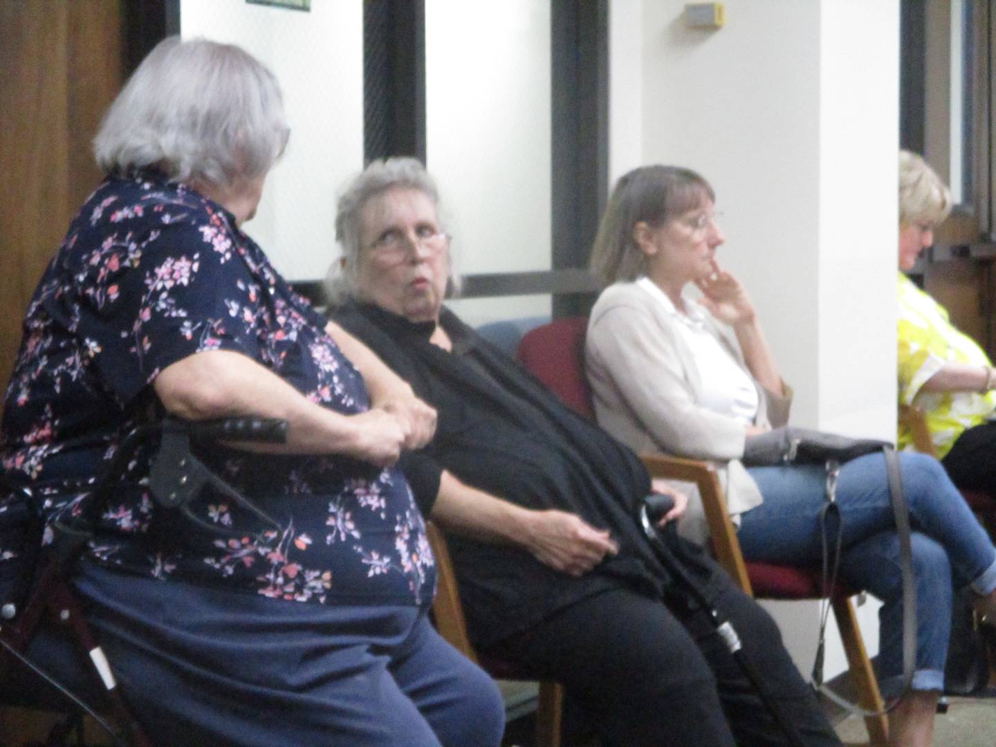 Members of Lockport-based Citizens Against Ruining the Environment (from left) Ardis Doulin, Sandy Burcenski and Tracy Panepinto listen after making their own comments during a public hearing held by the Will County Board on the Ducere LLC oil terminal project on Wednesday, July 19, 2023.