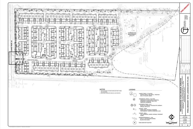 An overview of the site plan for a 110-unit rental neighborhood Redwood is hoping to build in Fox River Grove.