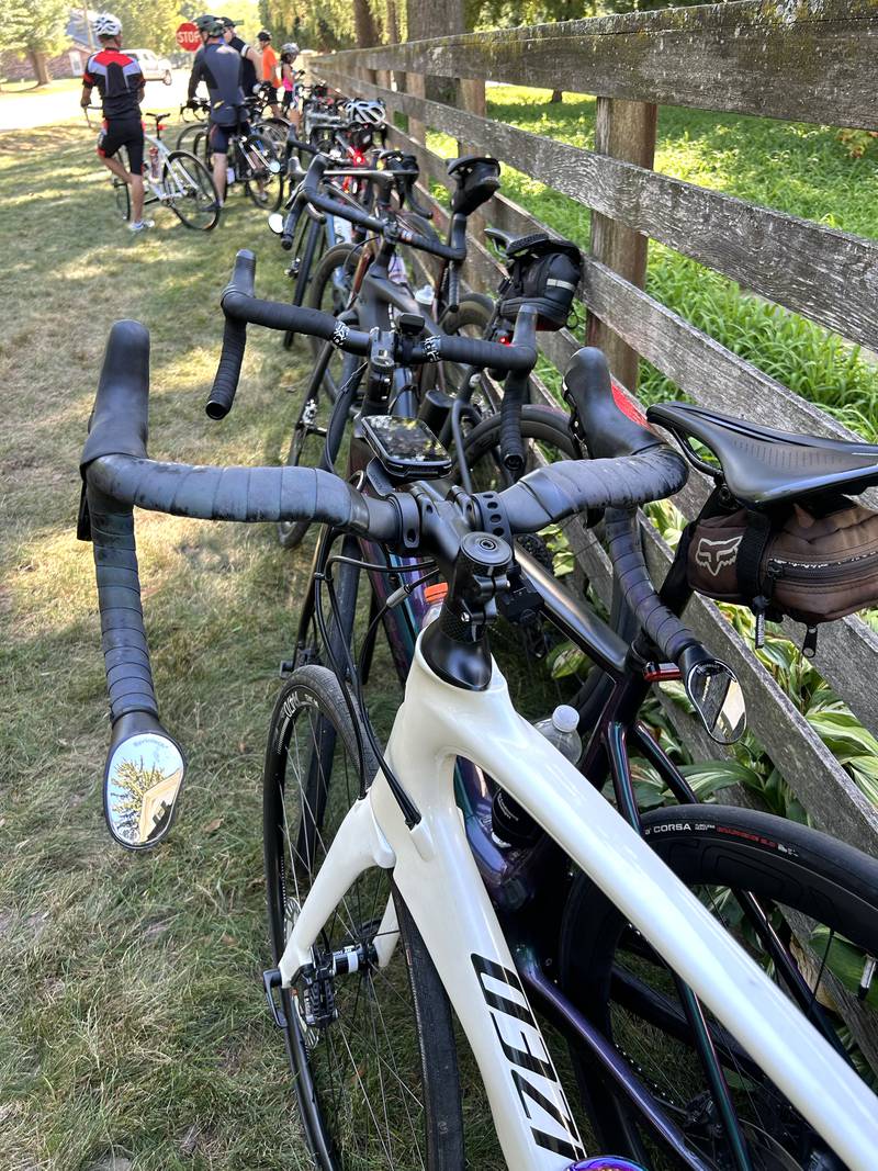 Bikes were parked against a fence at the John Deere Historic Site rest stop during the 10th annual TOSOC (Tour of Scenic Ogle County) on Saturday, Sept. 27, 2025.
