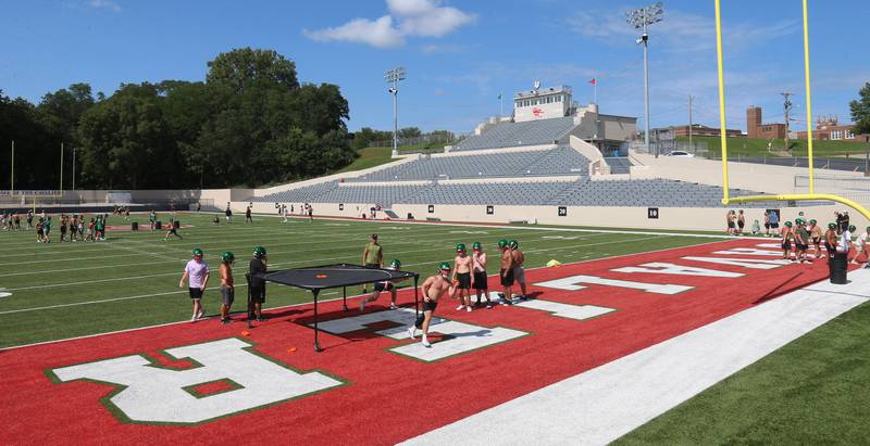 Members of the L-P Cavaliers football team run drills during the first day of football practice on Monday, Aug. 11, 2025 at Howard Fellows Stadium.
