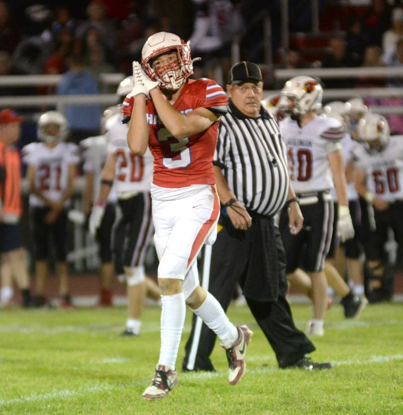 Oregon's Ethan Mowry (3) gestures to a teammate after a defensive stop in the fourth quarter against Stillman Valley on Friday, Oct. 4, 2024 at Landers-Loomis Field in Oregon.