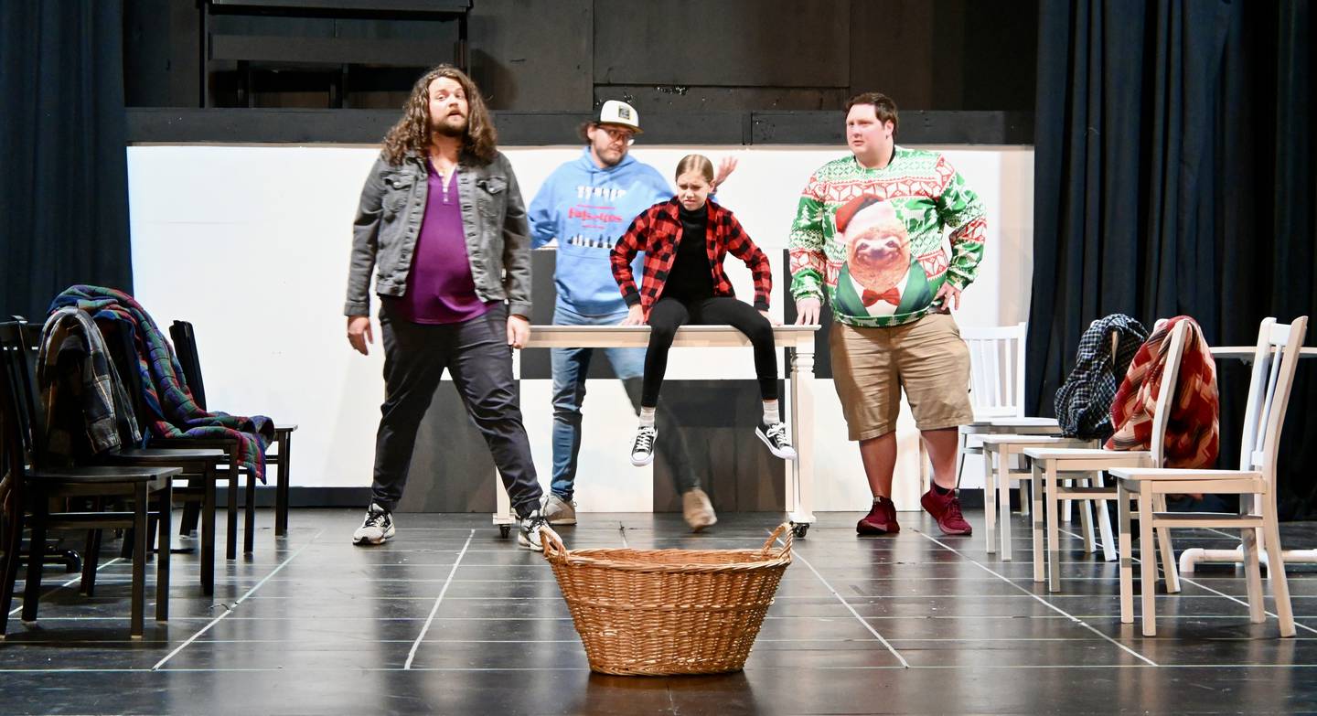Whizzer ( Thomas Bailey), Mendel (Eric Masini), Jason (Holly Malmassari) and Marvin (Kevin J. Alleman) during rehearsal in the Stage 212 production of “Falsettos”.