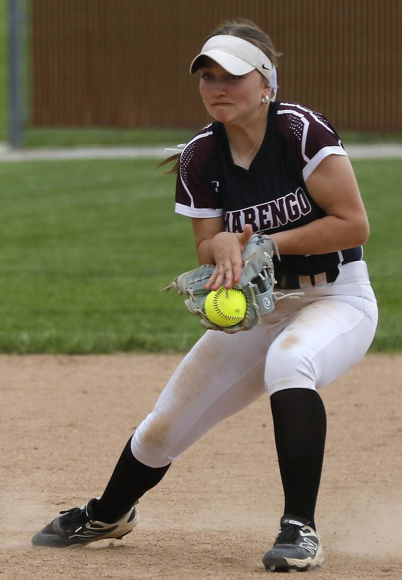 Marengo's Gabby Christopher threw to field the ba; during a Kishwaukee River Conference softball game against Richmond-Burton on Monday, May 12, 2025, at Richmond-Burton High School in Richmond.