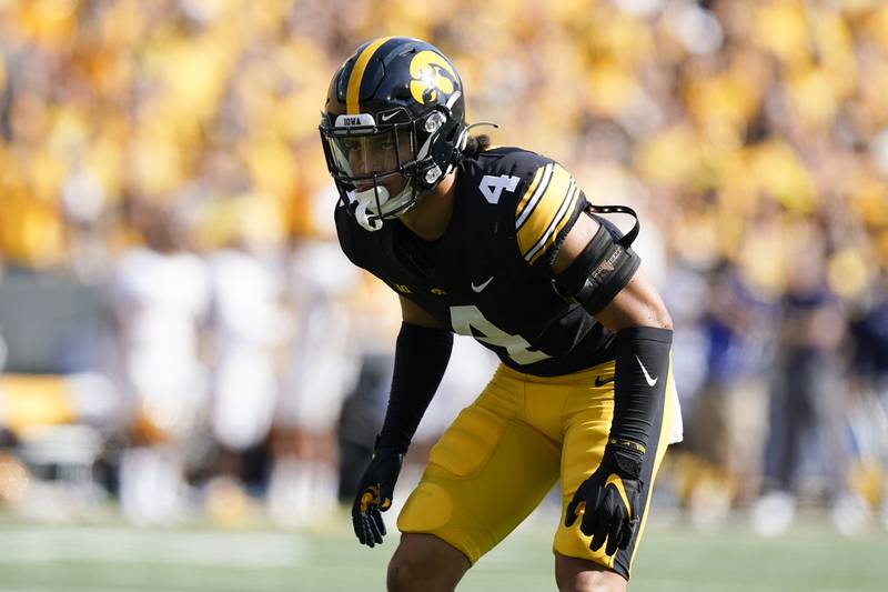 Iowa defensive back Dane Belton gets set for a play against Kent State on Sept. 18, 2021 in Iowa City, Iowa.