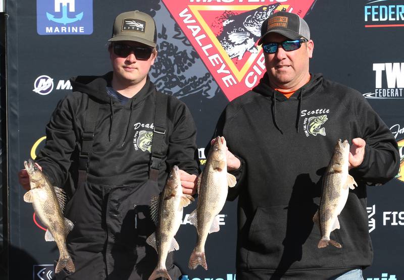 Drake and Scott Doucette hold up their fish that they caught during the National Walleye Tour Masters Walleye Circuit on Saturday, March 23, 2024 in Spring Valley.