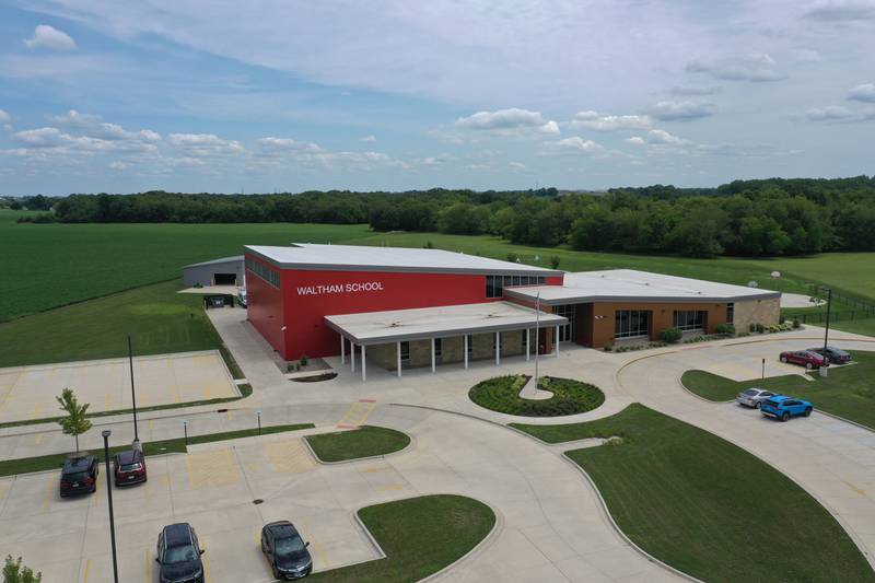 An aerial view of Waltham School on Tuesday, July 18, 2023 in Utica.