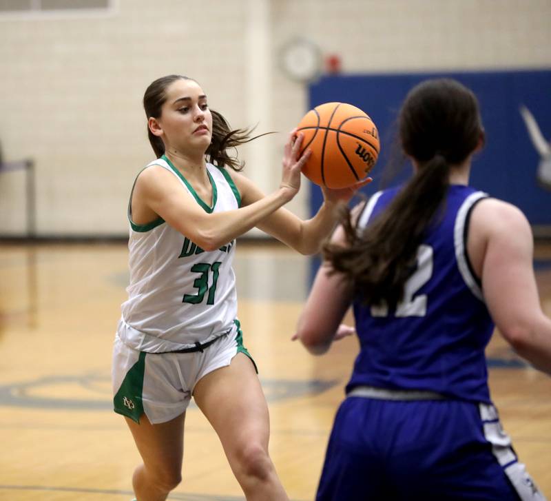 York’s Paige Byrne passes the ball during a 4A Geneva Regional semifinal game against Geneva on Tuesday, Feb. 18, 2025 in Geneva.