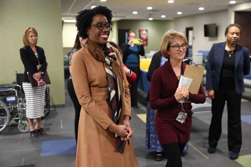 Pat Krause, WIC Will County Health Department Program Manager, right, gives U.S. Representative Lauren Underwood (IL-14) a tour of the Will County WIC Clinic on Wednesday, Feb. 21st 2024 in Joliet.