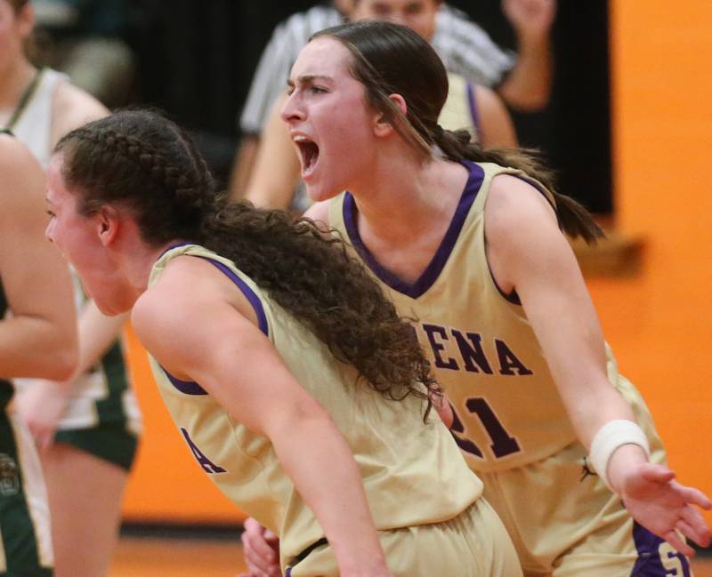 Serena's Makayla McNally reacts with teammate Gwen O'Connell during the Class 1A Sectional final game on Thursday, Feb. 22, 2024 at Gardner-South Wilmington High School.