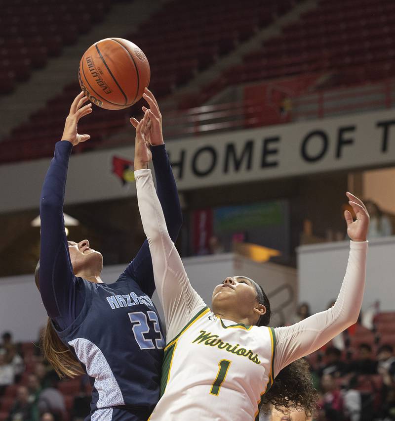 Nazareth Academy’s Danielle Scully and Waubonsie Valley’s Arianna Garcia work below the basket Friday, March 1, 2024 in the girls basketball 4A state semifinal at CEFCU Arena in Normal.