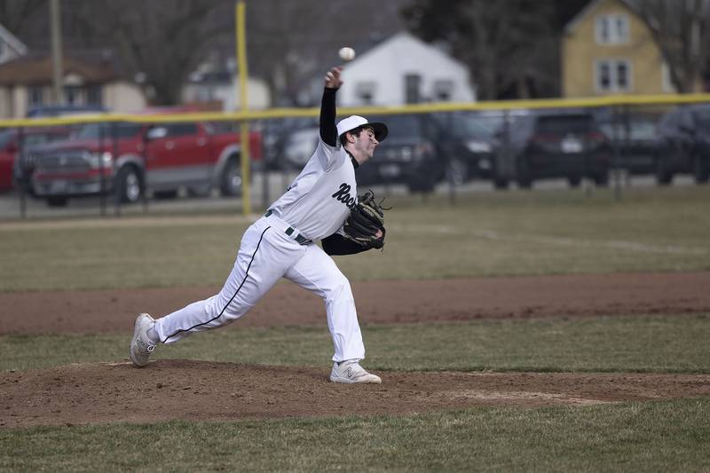 Rock Falls’ Brady Richards fires a pitch against Princeton Thursday, March 23, 2023.