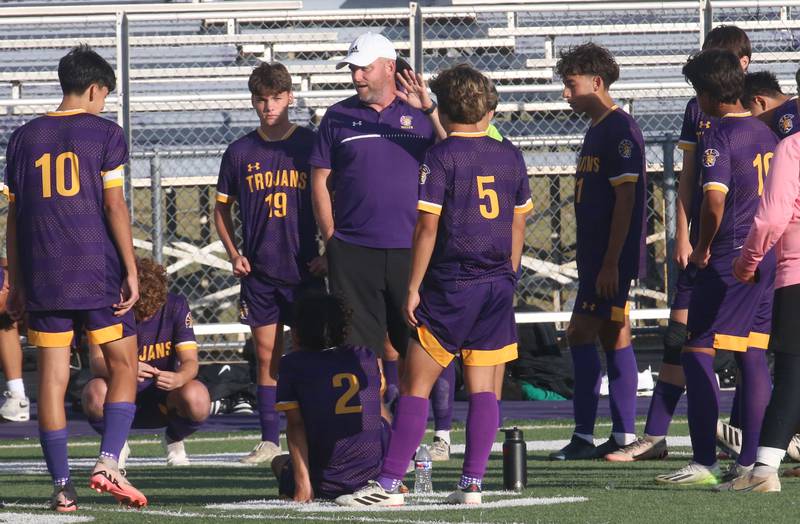 Mendota head soccer coach Nick Myers, talks to his players at halftime while playing Streator on Monday, Sept. 23, 2024 at Mendota High School.