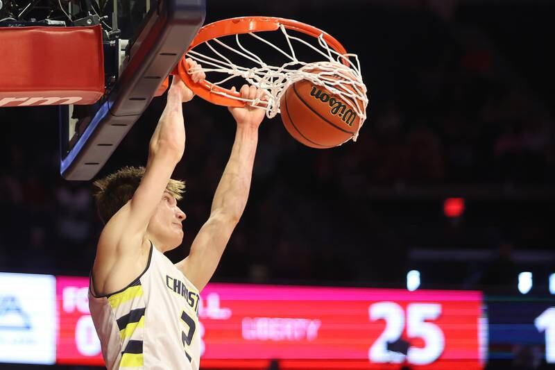 Yorkville Christian’s Jaden Schutt dunks against Liberty in the Class 1A championship game at State Farm Center in Champaign. Friday, Mar. 11, 2022, in Champaign.