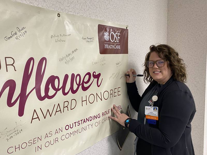 OSF HealthCare Saint Elizabeth Medical Center announced Lauren Bangert, a patient care tech from the emergency department, recently received the Sunflower Award.