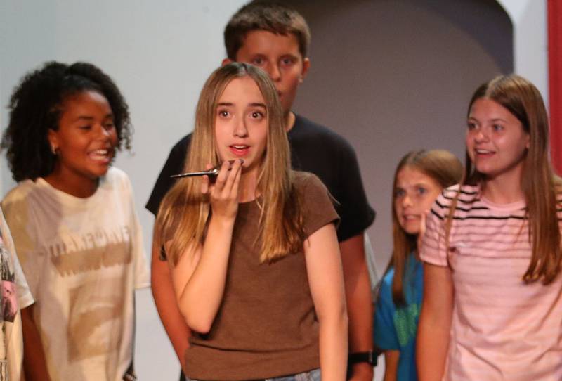 (From left) Nadia Rounds, Nina Leffers, Landon Puetz, Julia Smith and Michaela Smith acts out a scene during a rehearsal of “Disney’s High School Musical, Jr.” on Thursday, Aug. 1, 2024 at Stage 212 in La Salle. “Disney’s High School Musical, Jr.” an abbreviated version of Disney Channel’s hit movie musical. will be presented 7 p.m. Thursday and Friday, Aug. 8 and 9, 1 and 7 p.m. Saturday, Aug. 10, and 1 p.m. Sunday, Aug. 11 at Stage 212, 700 First St., LaSalle. Tickets are on sale now for $10 each, and may be purchased by visiting the box office 4 to 6 p.m. Monday and 9 a.m. to noon Saturday or by calling 815-224-3025 during the same hours. Tickets may also be purchased online at www.stage212.org.