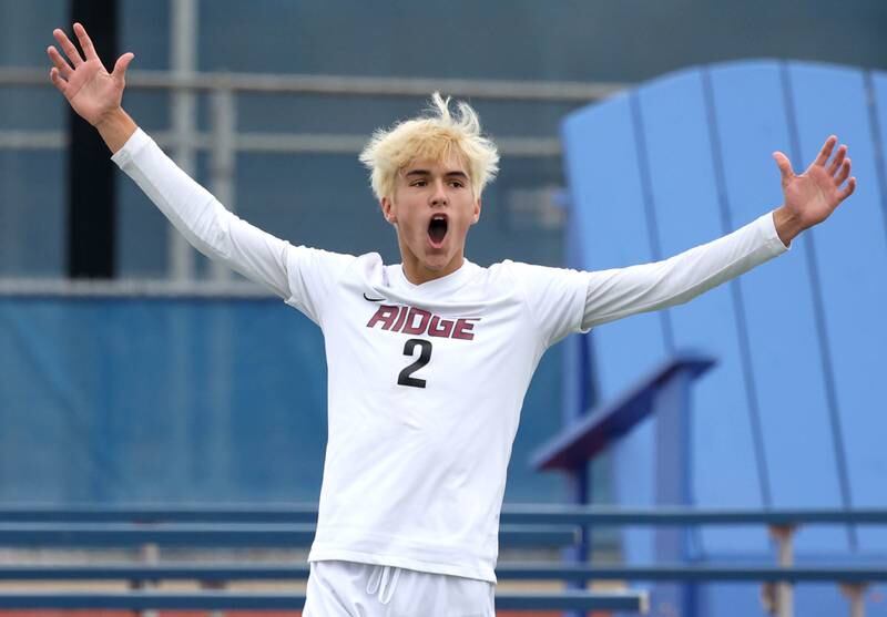 Prairie Ridge's Logan Braun celebrates after assisting on the only goal of the game against Lemont Saturday, Nov. 9, 2024, during their Class 2A state third place game at Hoffman Estates High School.