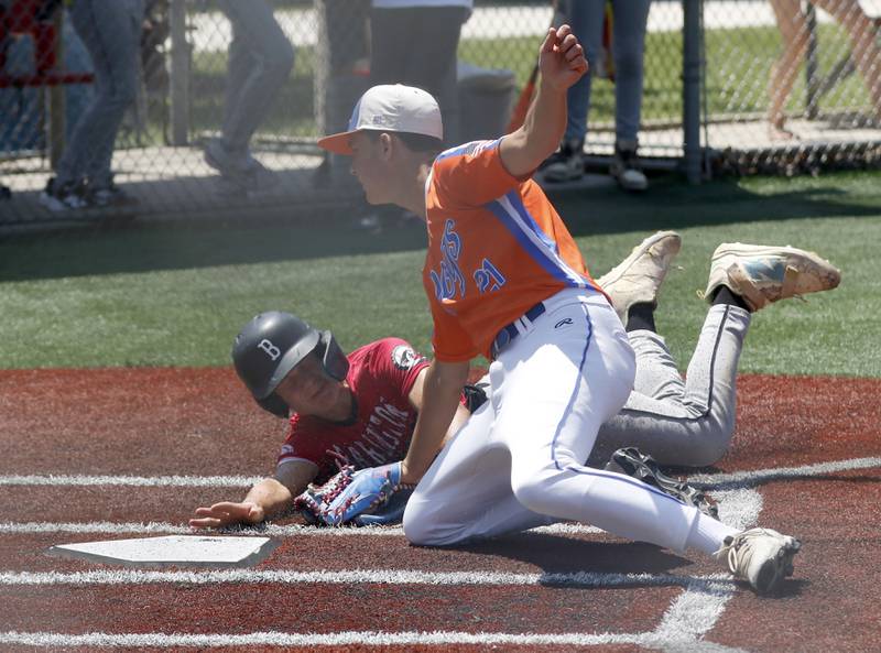 Windy City Hit Dog’s —Offdenkamp’s Brady Hermann tags out the Barrington Broncos Red’s Brody Boyum in a semi-final baseball game in a Under 13 McHenry County Youth Sports Association’s Summer International Championship baseball tournament on Monday, July 14, 2025, at the Mickey Sund Baseball Complex in Crystal Lake's Lippold Park.