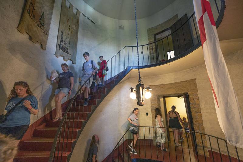 Visitors climb the stairs in the town of the Stronghold Sunday, October 5, 2025, in Oregon. The castle was opened to tours during the weekend’s Olde English Faire.