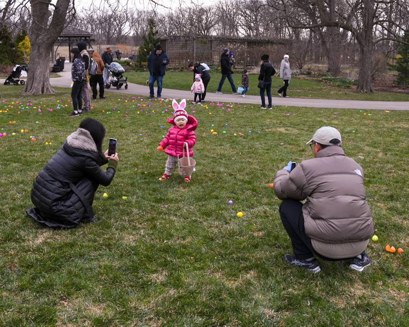 Evelyn Dong, 16 Month, gets her photo taken and videos by her mom Qiao Lin and grandpa Xiangli Lin during the Easter Egg Hunt held at Cantigny Park in Wheaton on Sunday March 24, 2024.