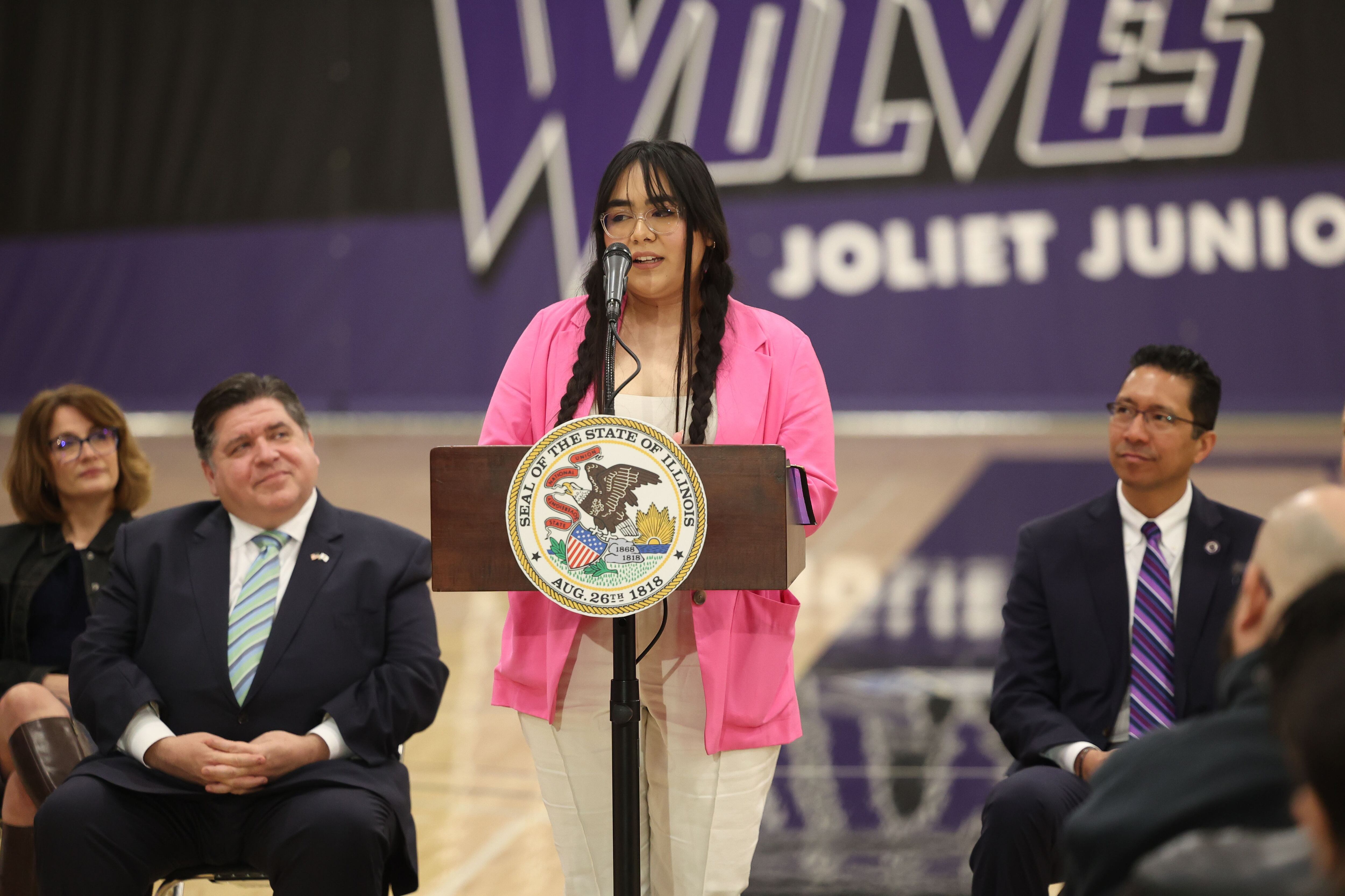 JJC student Jazmin Martinez, recipient of the Map and Pell grant, speaks at a press conference regarding the state’s proposed investment in higher education at Joliet Junior College on Thursday, March 16th, 2023.