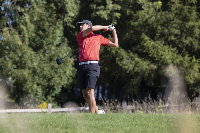 Oregon’s Nole Campos tees off on #10 against Rock Falls Tuesday, Sept. 3, 2024, at Silver Ridge Golf Club in Oregon.