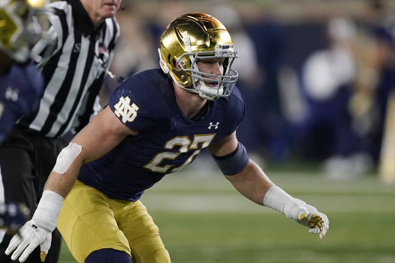 FILE - Notre Dame linebacker JD Bertrand plays during the first half of an NCAA college football game against North Carolina, Saturday, Oct. 30, 2021, in South Bend, Ind. If Notre Dame is going to beat Ohio State for the first time since 1936, everyone in South Bend knows the defense must ace its test. (AP Photo/Carlos Osorio, File)
