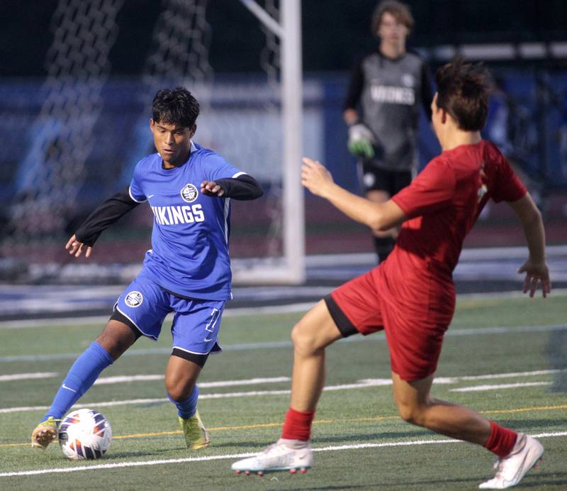 Geneva’s Alexis Ramirez goes after the ball during a Tri-Cities Night game against Batavia at St. Charles North High School on Thursday, Sept. 21, 2023.