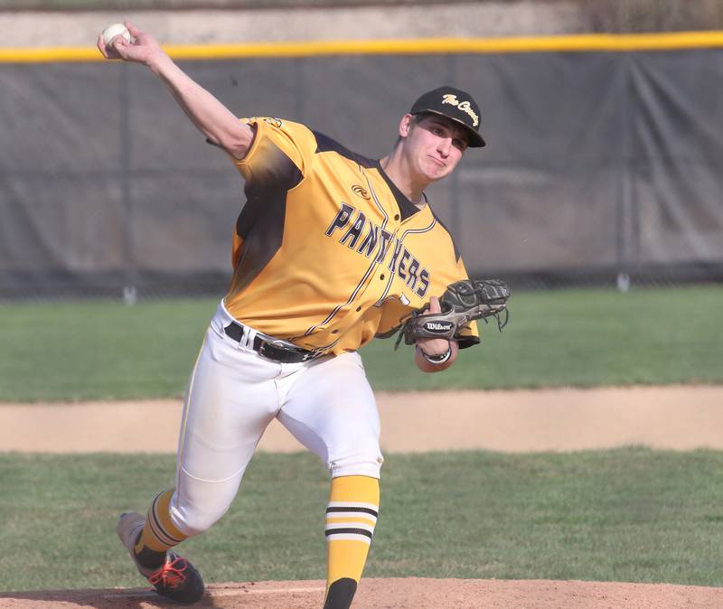 Putnam County pitcher Nicholas Currie delivers a pitch to Seneca on Thursday, April 13, 2023 at Seneca High School.