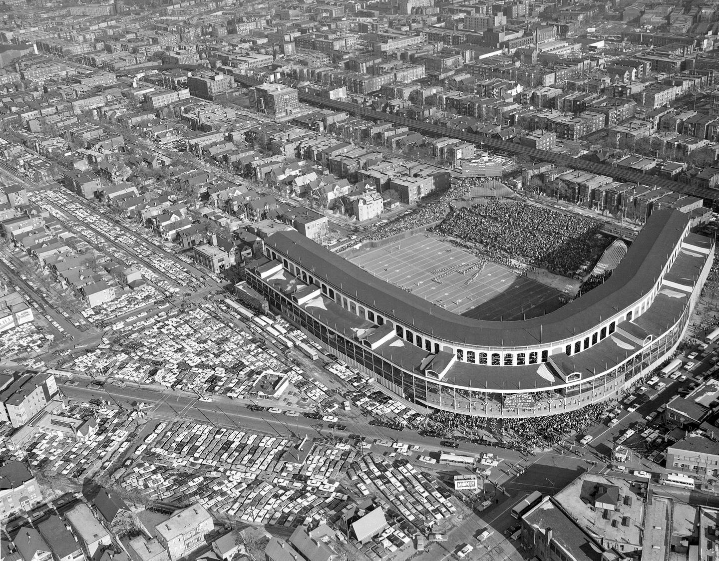 Here's an airview of the crowd at Chicago's Wrigley Field on Dec. 29, 1963, just before the start of the National Football League championship game between the New York Giants and the Chicago Bears. With the thermometer in the 10-degree vicinity, 45,801 fans watched the Bears win the title, 14-10.