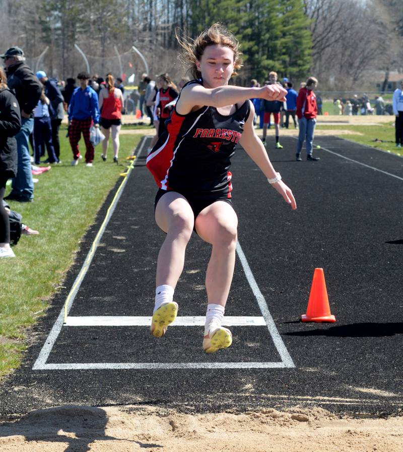 Forreston's Bree Schneiderman ompetes in the long jump at the 44th Annual Gebhardt-Worley Invitational on Saturday, April 6, 2024 at Landers-Loomis Field in Oregon.