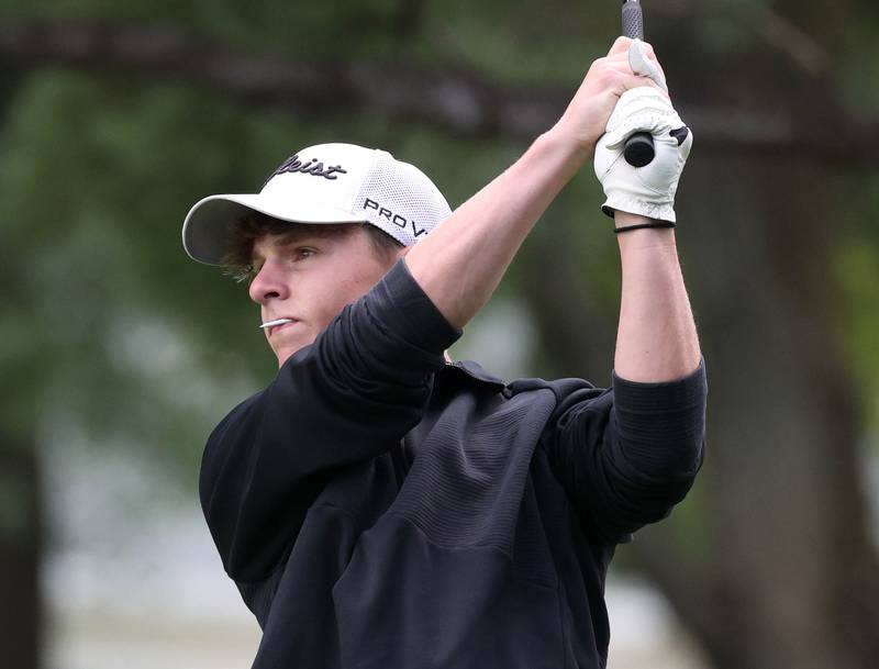 DeKalb’s Tyler Brackemyer tees off on the seventh hole Monday, Aug. 25, 2025, during the Mark Rolfing Cup at the Kishwaukee Country Club in DeKalb.