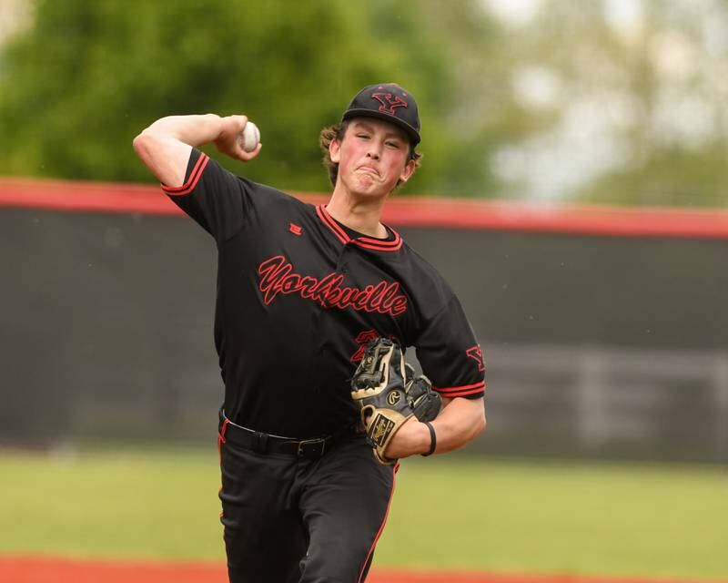 Yorkville's Preston Regnier (25) pitches during the regional game against Romeoville on Thursday May 29, 2025, held at Yorkville High chool.