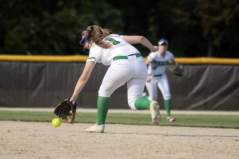 Rock Falls’ Patty Teague backhands a grounder against North Boone Friday, May 19, 2023.