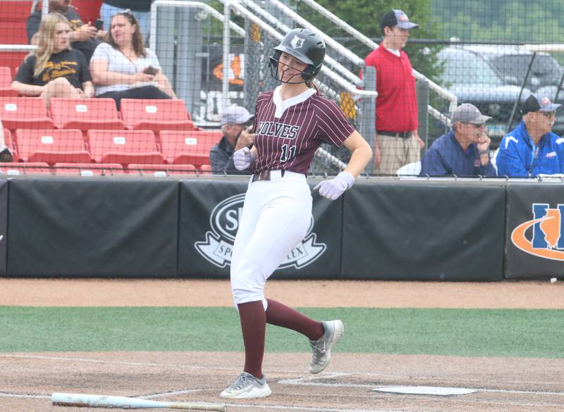 Prairie Ridge's Kendra Carroll smiles after scoring a run against Burbank St. Laurence during the Class 3A State third place game on Saturday, June 14, 2025 at the Louisville Slugger Sports Complex in Peoria.