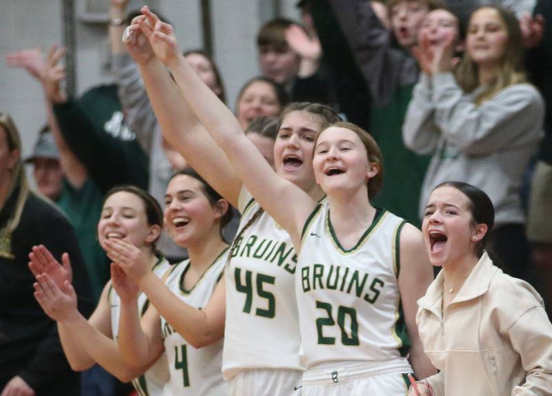 Members of the St. Bede Lady Bruin basketball team cheer on their teammates while playing Putnam County during the Tri-County Conference Tournament championship game on Thursday, Jan. 18, 2024 at Henry-Senachwine High School.
